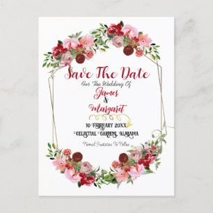 Cartes Pour Fêtes Annuelles Cadre floral rouge rustique aquarelle Save The Dat