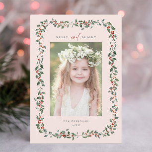 Cartes Pour Fêtes Annuelles Cadre Holly Berry Joyeux & Bright Photo Blush Rose