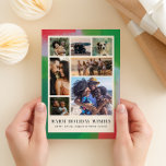 Cartes Pour Fêtes Annuelles Cadre peint vert et rouge et sept photos<br><div class="desc">Vous n'avez pas à choisir une seule photo pour cette carte postale de Noël moderne et artistique. Un agencement moderne de sept de vos meilleures photos de famille est encadré à l'intérieur d'une bordure d'un cadre à texture peinte dans des tons festifs de vert, rouge et bleu pâle dans une...</div>