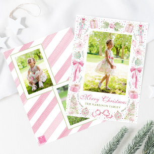 Cartes Pour Fêtes Annuelles Cadre photo de Noël rose et vert à l'aquarelle