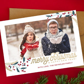 Cartes Pour Fêtes Annuelles Cadre photo Gold Red Berries | Joyeux Noël