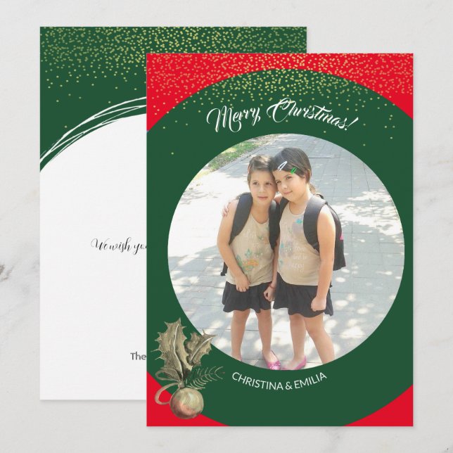 Cartes Pour Fêtes Annuelles Cadre vert une photo Joyeux Noël (Devant / Derrière)