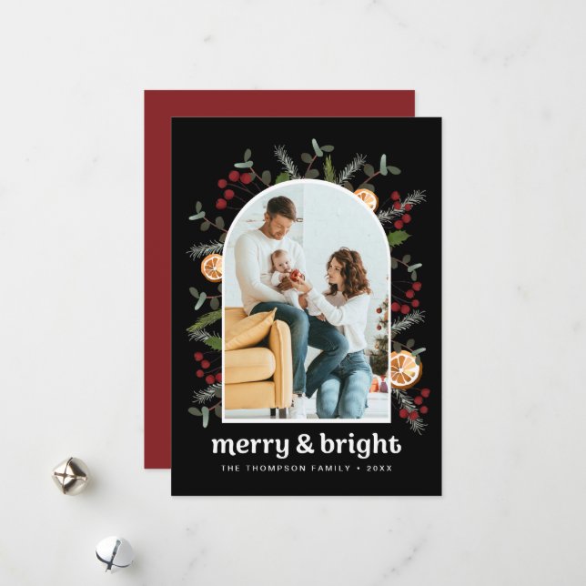 Cartes Pour Fêtes Annuelles Cadres Arc Noir Rouge Famille Photo Noël (Devant/Arrière en situation)