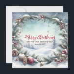Cartes Pour Fêtes Annuelles Cadres hiver neige Noël<br><div class="desc">L'image montre un arrière - plan enneigé avec des arbres,  une couronne de Noël,  des oiseaux volants,  des ornements et des brindilles de pin.</div>