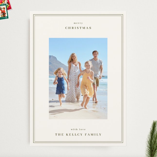 Cartes Pour Fêtes Annuelles Cadres simples Moss Green sur Beige Photo Noël (Créateur téléchargé)