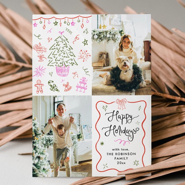 Cartes Pour Fêtes Annuelles Cadres Vagues Quirky Main Tirée Joyeux Vacances Ph (Créateur téléchargé)