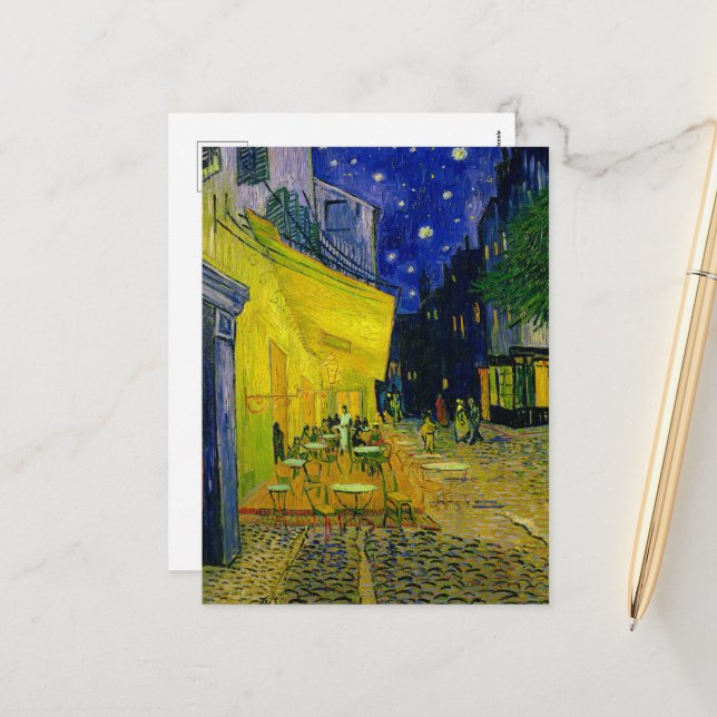 Cartes Pour Fêtes Annuelles Café Terrace Arles, Place du Forum par van Gogh (Devant/Arrière en situation)