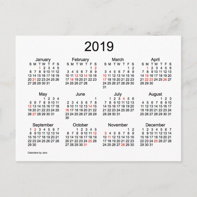 Cartes Pour Fêtes Annuelles Calendrier 2019 avec jours fériés (Devant)