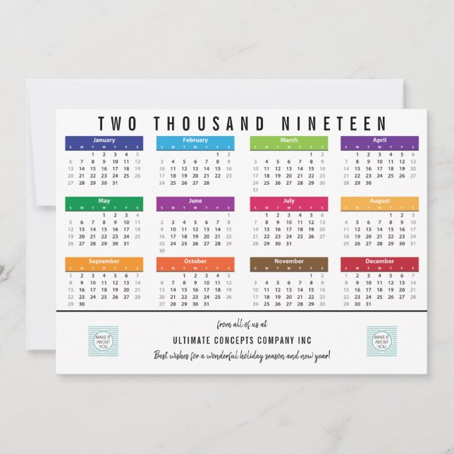 Cartes Pour Fêtes Annuelles Calendrier 2019 | Merci sur le dos (Devant)