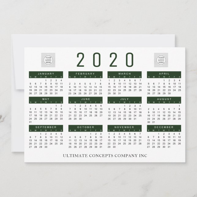 Cartes Pour Fêtes Annuelles Calendrier 2020 Société Logo et nom vert (Devant)
