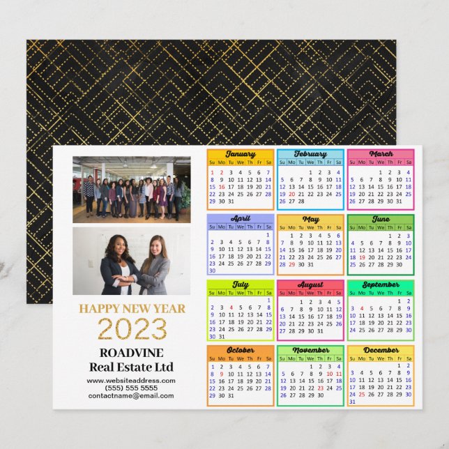 Cartes Pour Fêtes Annuelles Calendrier 2023 Business 2 Photo Modern Gold Scrip (Devant / Derrière)