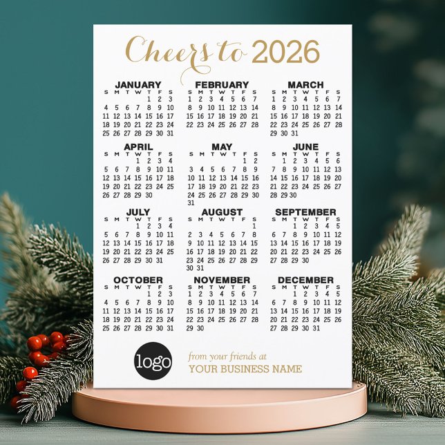 Cartes Pour Fêtes Annuelles Calendrier 2024 Or Blanc Logo Entreprise (2026 Calendar on a Holiday Business Card)