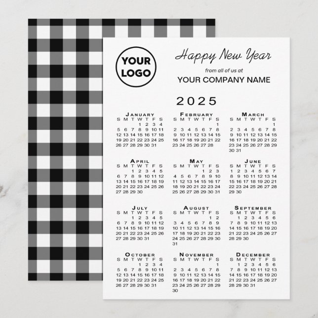 Cartes Pour Fêtes Annuelles Calendrier 2025 Business Logo Noir Blanc En vichy (Devant / Derrière)