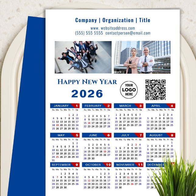 Cartes Pour Fêtes Annuelles Calendrier 2026 Business Logo QR Code Simple Bleu (Créateur téléchargé)