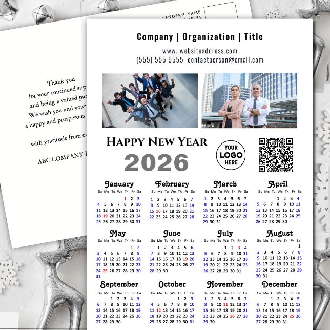 Cartes Pour Fêtes Annuelles Calendrier 2026 Entreprise 2 Photo Logo QR Minimal (Créateur téléchargé)