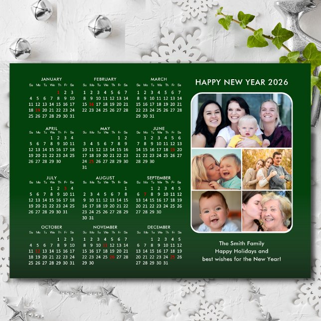 Cartes Pour Fêtes Annuelles Calendrier 2026 Famille Photo Vert Moderne Minimal (Créateur téléchargé)