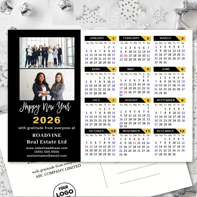 Cartes Pour Fêtes Annuelles Calendrier 2026 moderne Gold Black Business 2 Phot (Créateur téléchargé)