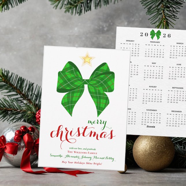 Cartes Pour Fêtes Annuelles Calendrier 2026 Tartan Bow Joyeux calendrier de No (2026 Calendar Tartan Bow Merry Christmas Keepsake Calendar Holiday Card )