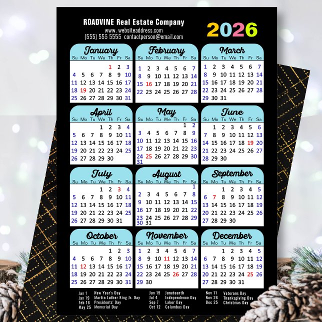 Cartes Pour Fêtes Annuelles Calendrier Business 2026 Black Blue Minimalist (Créateur téléchargé)