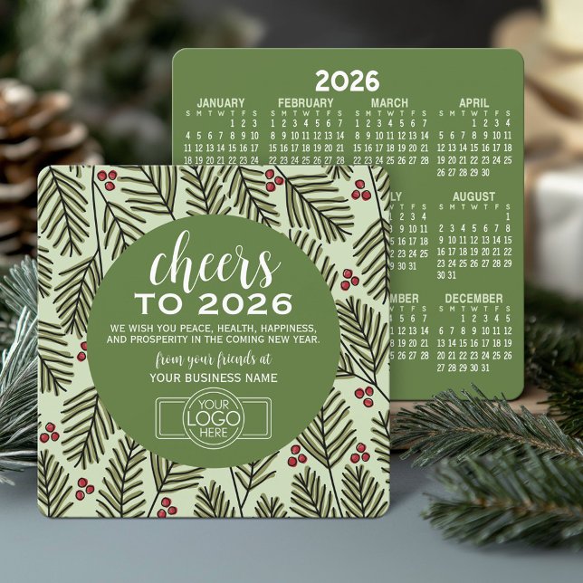 Cartes Pour Fêtes Annuelles Calendrier Business Logo - Branches Vertes Salutat (Business Holiday Card with 2026 Calendar)