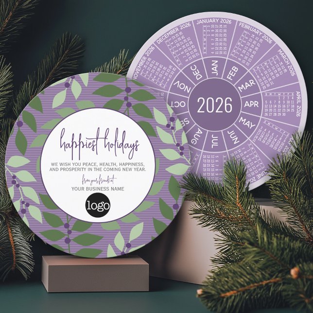 Cartes Pour Fêtes Annuelles Calendrier circulaire Logo d'entreprise Purple Gre (2026 Calendar on a Business Holiday Card)