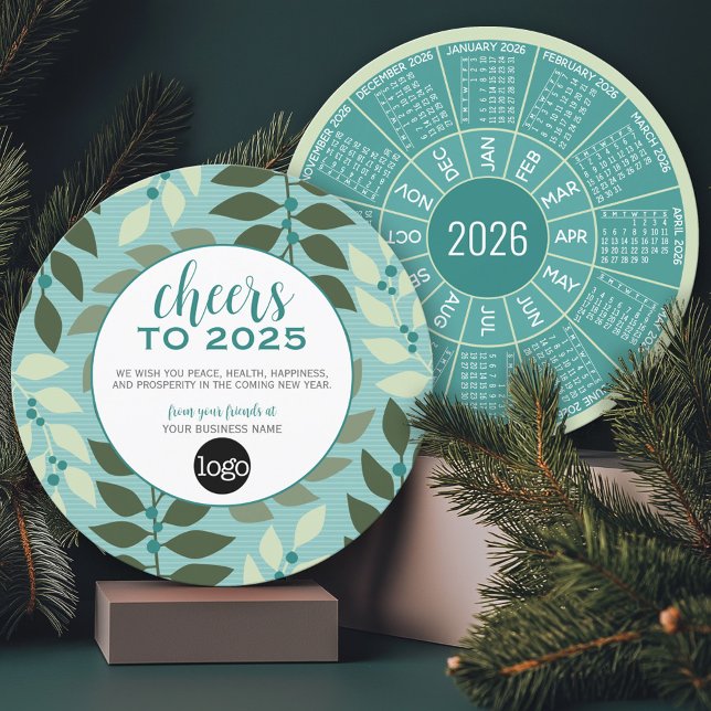 Cartes Pour Fêtes Annuelles Calendrier circulaire - Logo - Green Aqua Professi (2026 Calendar on a Business Holiday Card)