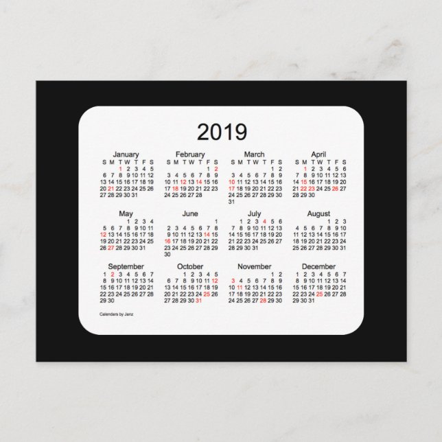 Cartes Pour Fêtes Annuelles Calendrier de vacances Mini noir 2019 par Janz (Devant)