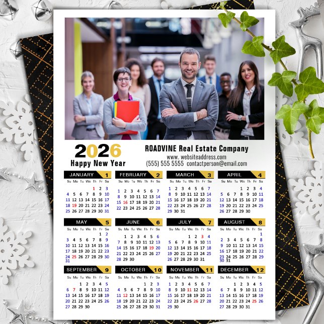 Cartes Pour Fêtes Annuelles Calendrier Entreprise Moderne 2026 Photo Noir Or  (Créateur téléchargé)