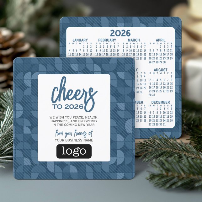 Cartes Pour Fêtes Annuelles Calendrier, Logo - Salutation professionnelle bleu (Business Holiday Card with 2026 Calendar)