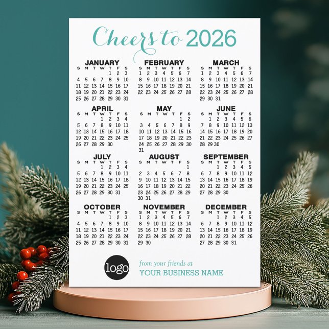 Cartes Pour Fêtes Annuelles Calendrier - Logo Turquoise White Business (2026 Calendar on a Holiday Business Card)