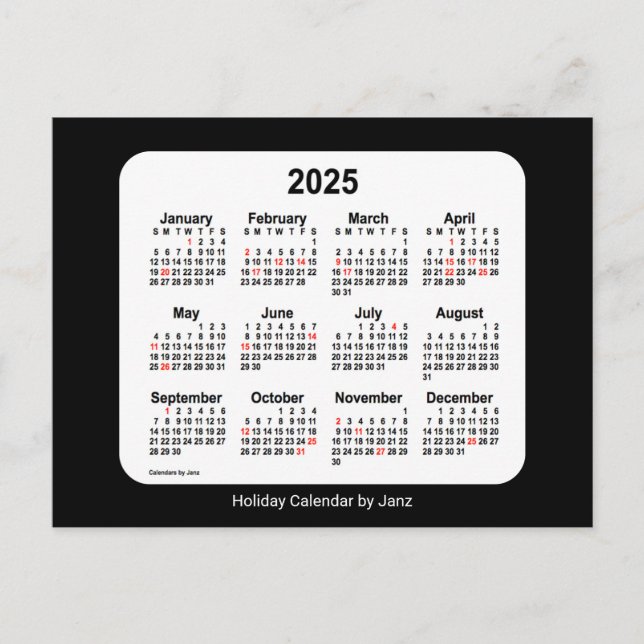 Cartes Pour Fêtes Annuelles Calendrier mini-vacances noir 2025 par Janz (Devant)
