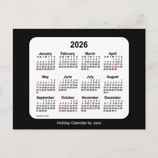 Cartes Pour Fêtes Annuelles Calendrier mini-vacances noir 2026 par Janz (Devant)