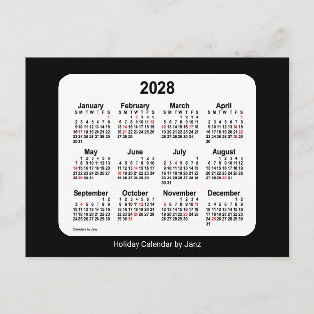 Cartes Pour Fêtes Annuelles Calendrier mini-vacances noir 2028 de Janz (Devant)