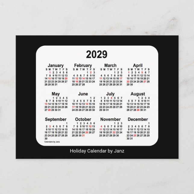 Cartes Pour Fêtes Annuelles Calendrier mini-vacances noir 2029 de Janz (Devant)