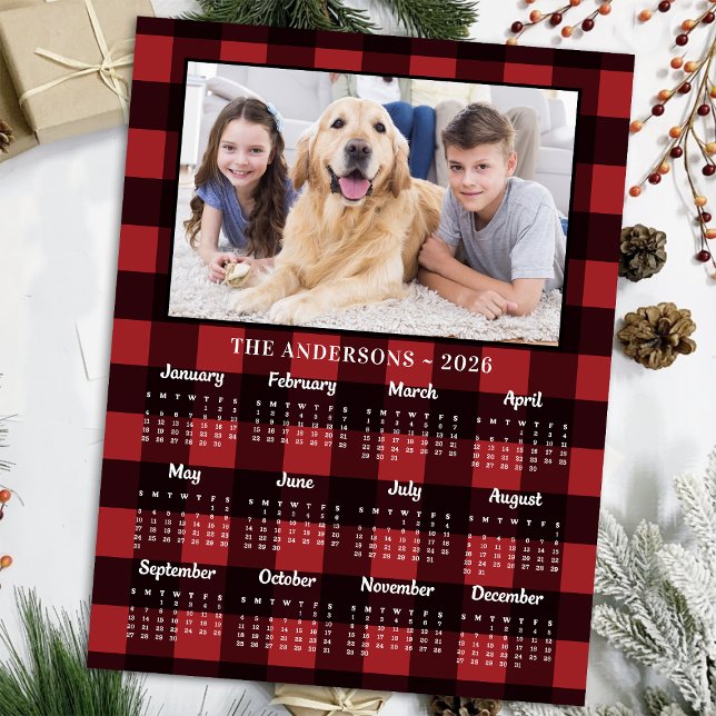Cartes Pour Fêtes Annuelles Calendrier photo 2026 Red Buffalo Plaid Family Dog (Créateur téléchargé)