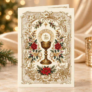 Cartes Pour Fêtes Annuelles Calice Floral de Noël Catholique Eucharistie Or