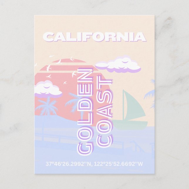 Cartes Pour Fêtes Annuelles Californie, Plage, Art du voyage, Preppy, Pastel (Devant)