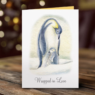 Cartes Pour Fêtes Annuelles Câlins de manchot dans la neige aquarelle main Noë