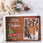 Cartes Pour Fêtes Annuelles Calliage à bande rouge Camion de Noël Bois<br><div class="desc">Script de calligraphie moderne Aquarelle Vintage Camion rouge avec sapin de Noël Joyeux Noël Famille Photo Carte de vacances - Rustique Pays Bois,  Bande d'artisanat rouge avec flocons de neige</div>