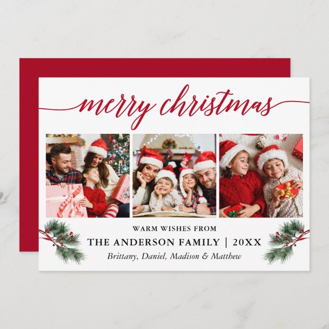 Cartes Pour Fêtes Annuelles Calliage Aquarelle Pines Baies 3 Photo Rouge (Devant / Derrière)