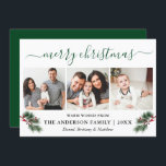 Cartes Pour Fêtes Annuelles Calliage Aquarelle Pines Baies 3 Photo Vert<br><div class="desc">Script de calligraphie moderne. Elégante Winter Floral 3 Photo Joyeux Noël Card inclut de belles Pins Aquarellés aux Baies et ruban de Red Holly. Retour vert.</div>