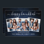 Cartes Pour Fêtes Annuelles Calligraphie 3 Photo Blue Wood Happy Hanoukka<br><div class="desc">Calligraphie moderne tendance Script 3 Photo Famille Photo Collage Carte Happy Hanoukka - Rustique Pays Bleu Bois</div>