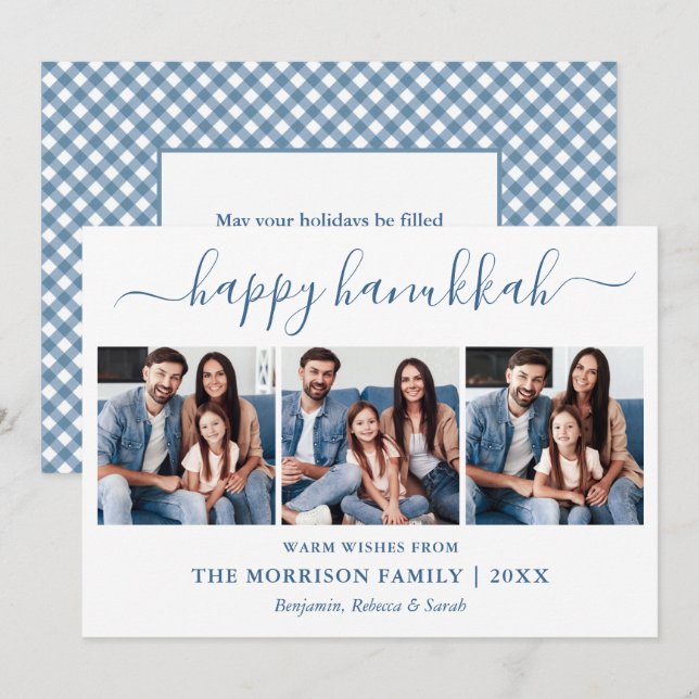 Cartes Pour Fêtes Annuelles Calligraphie 3 Photo Dusty Blue En vichy Hanoukka (Devant / Derrière)