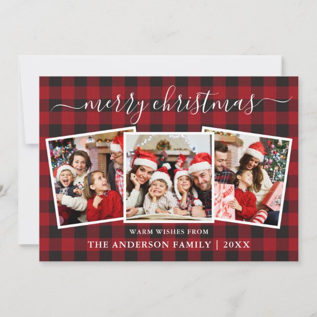 Cartes Pour Fêtes Annuelles Calligraphie 3 Photo Noël Red Buffalo Plaid (Devant)