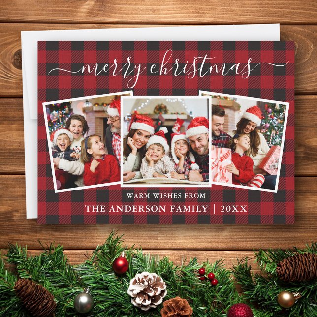 Cartes Pour Fêtes Annuelles Calligraphie 3 Photo Noël Red Buffalo Plaid (Customize to change text size or text style.)
