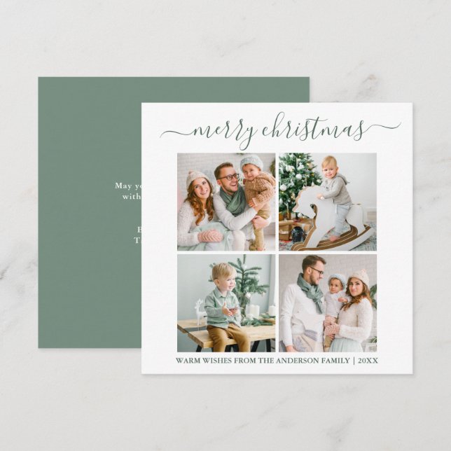 Cartes Pour Fêtes Annuelles Calligraphie 4 Photo Noël Sage Vert Carré (Devant / Derrière)