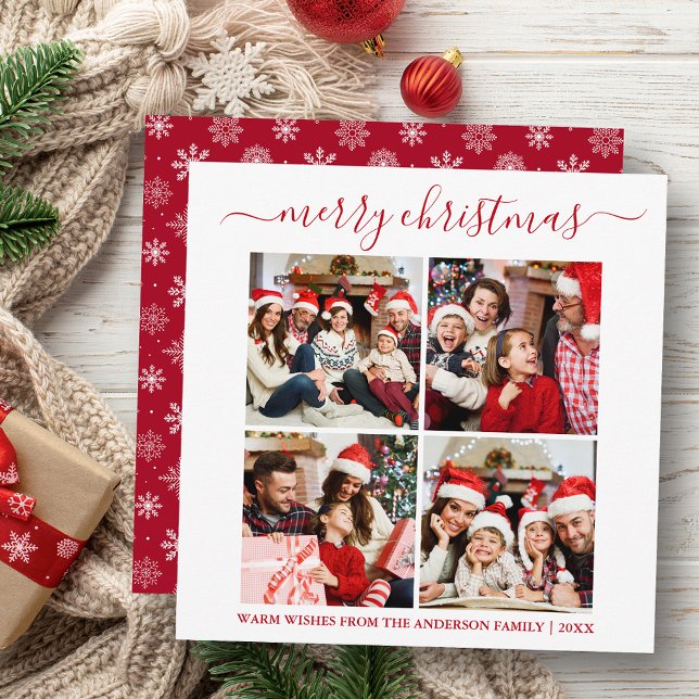 Cartes Pour Fêtes Annuelles Calligraphie 4 Photo Snowflakes Carré Rouge (Customize to change text size or text style.)