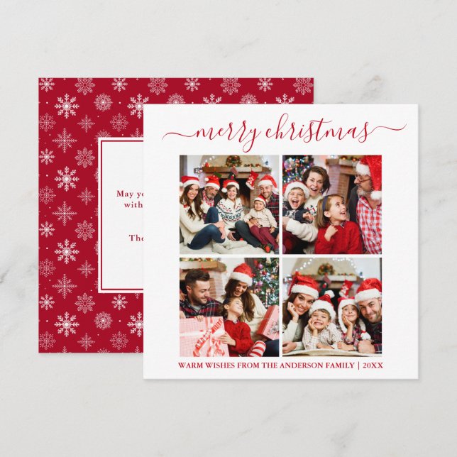 Cartes Pour Fêtes Annuelles Calligraphie 4 Photo Snowflakes Carré Rouge (Devant / Derrière)