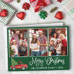 Cartes Pour Fêtes Annuelles Calligraphie amusante 3 Photo Vert Noël Camion rou<br><div class="desc">Moderne amusant Calligraphie Script 3 Photo Famille Photo Collage Joyeux Noël Card - Aquarelle Vintage Camion rouge avec arbre de Noël - Arrière - plan vert de la forêt</div>
