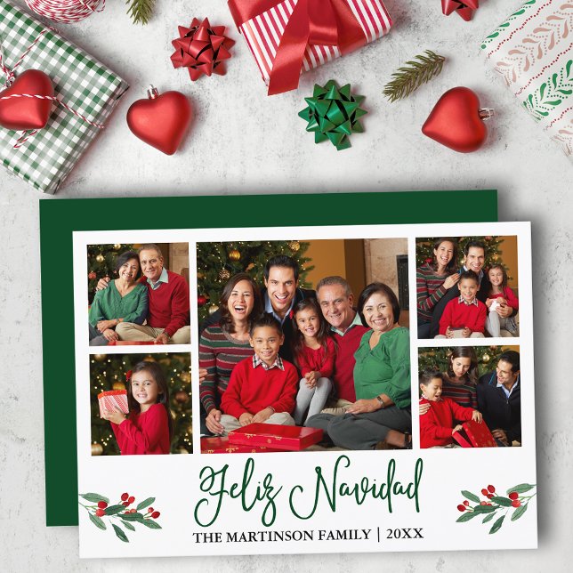 Cartes Pour Fêtes Annuelles Calligraphie amusante 5 Photo Green Feliz Navidad (Customize to add text to back of card.)